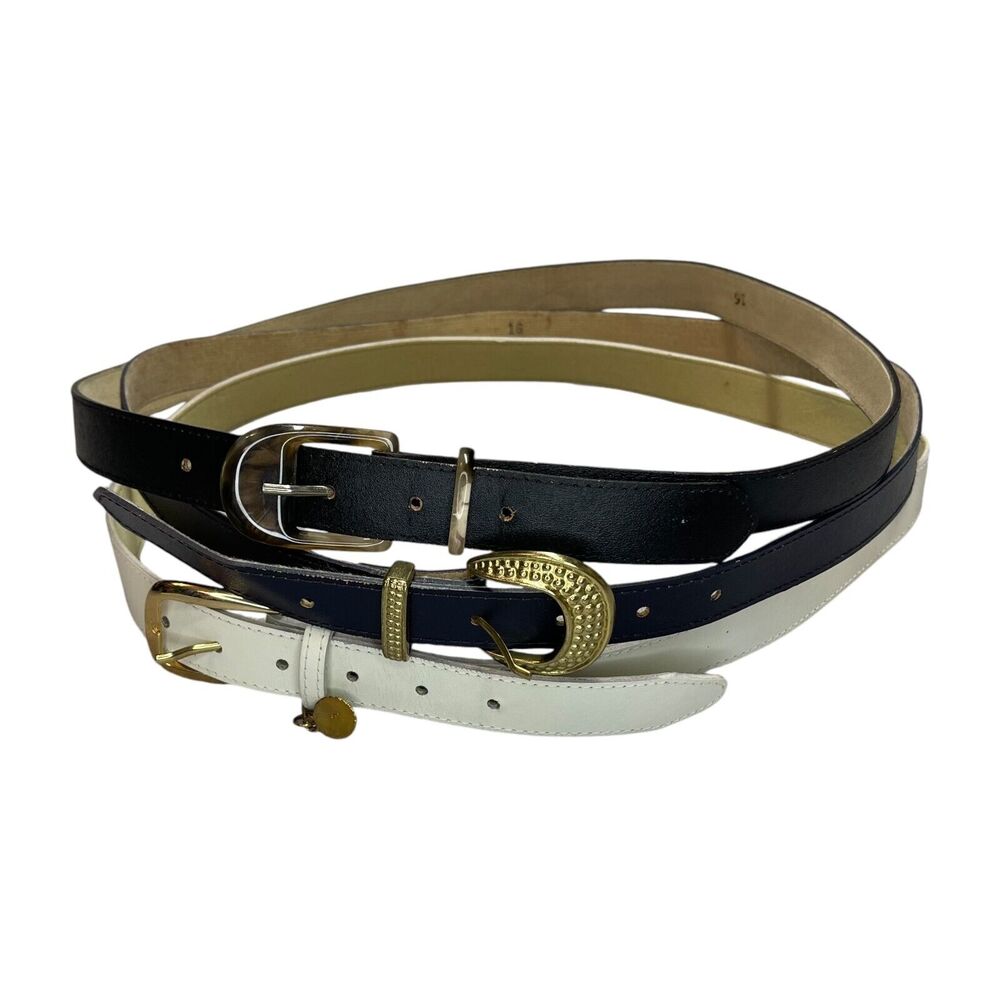 Women's Black White Leather Gold Tone Buckle Fashion Waist Belt Size 16 Lot of 3 - Picture 1 of 7
